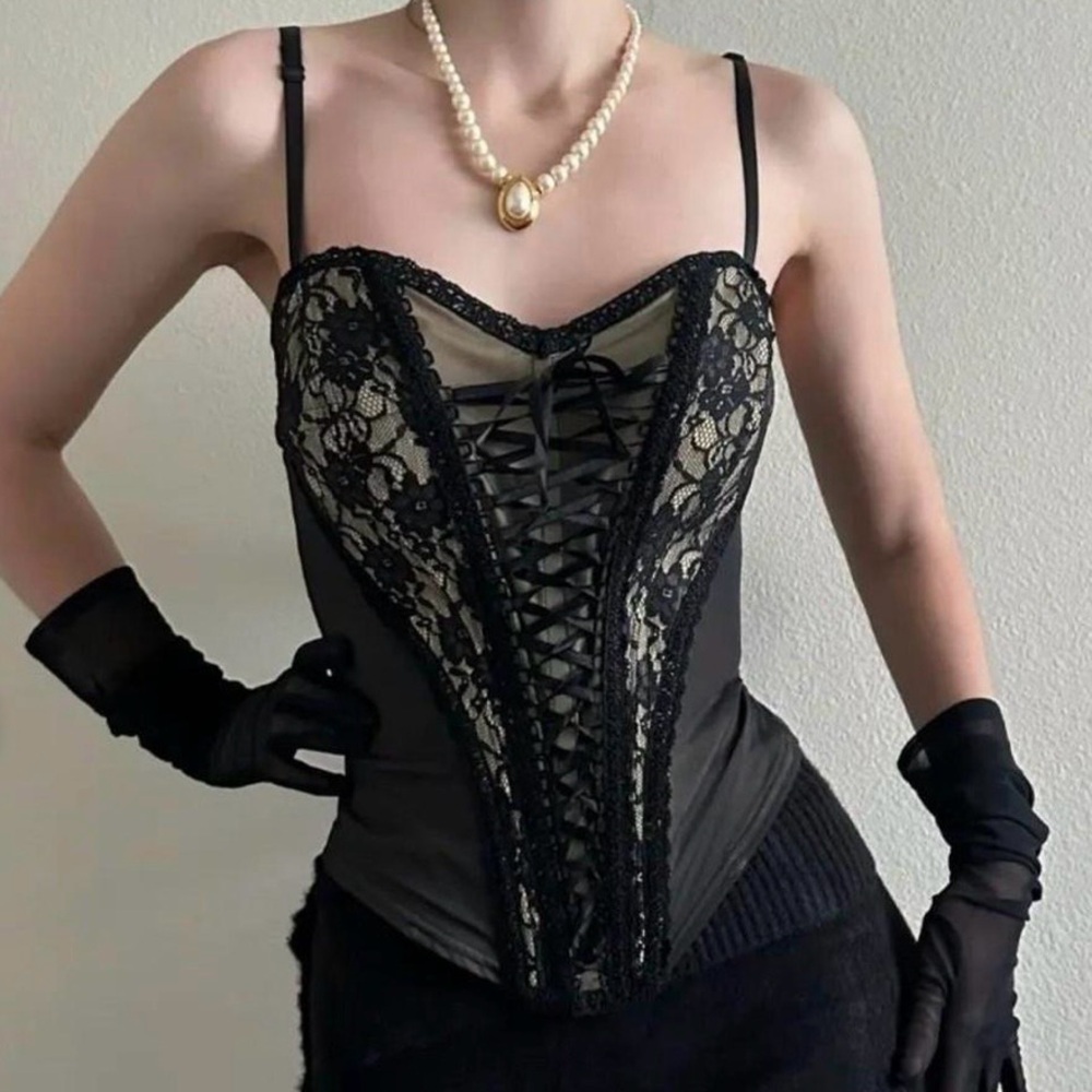 Black Lace-Up Sheer Lace Bustier Bodysuit